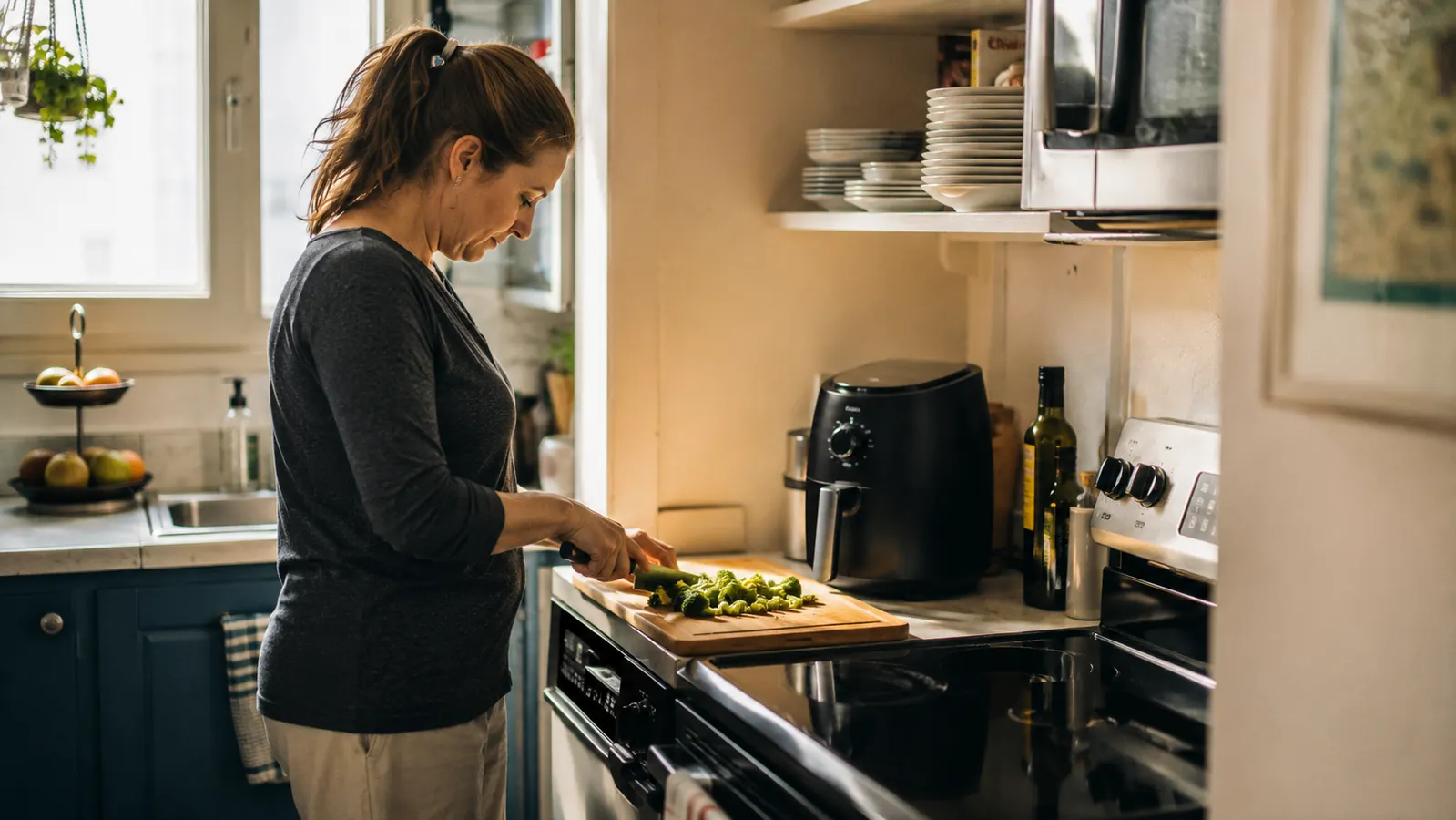 A countertop air fryer sitting next to a full-size oven in a small galley kitchen with three feet of usable counter