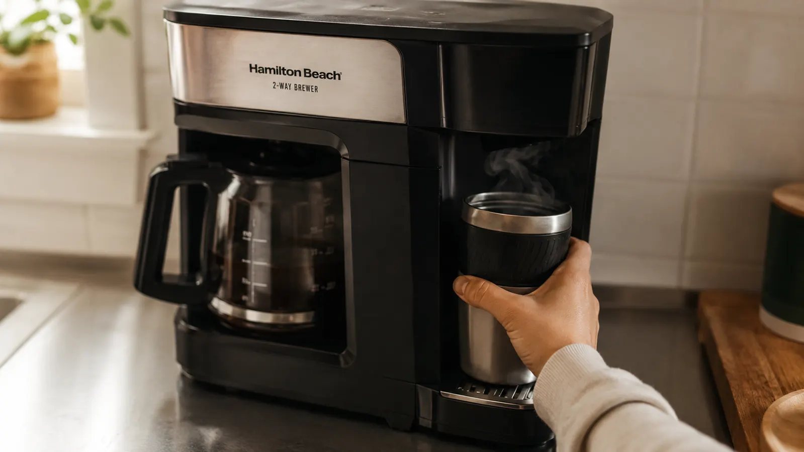 A hand placing a travel mug under the single-serve brewing side of a two-way coffee maker
