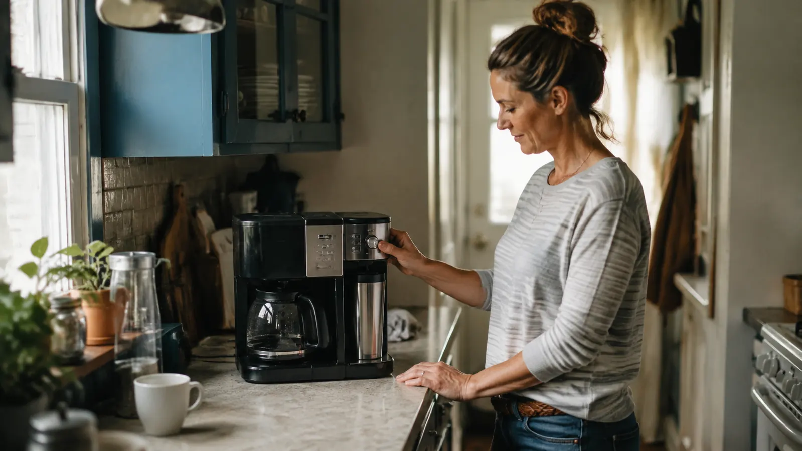 A two-way coffee maker sitting on a narrow stretch of counter in a small galley kitchen with three feet of usable counter