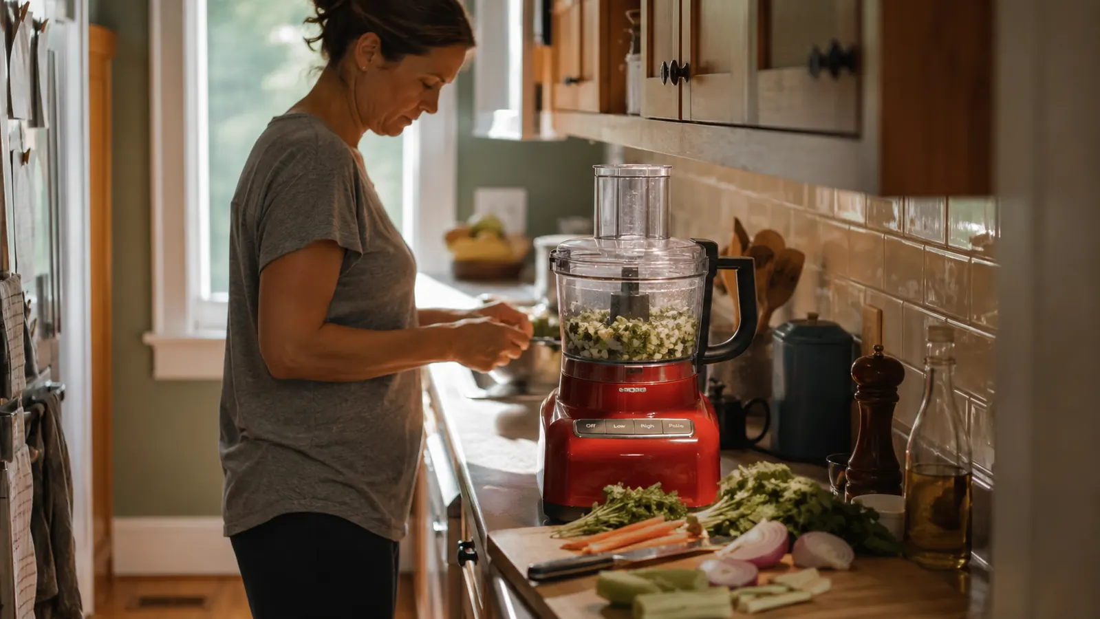 A food processor sitting on a narrow stretch of counter in a small galley kitchen