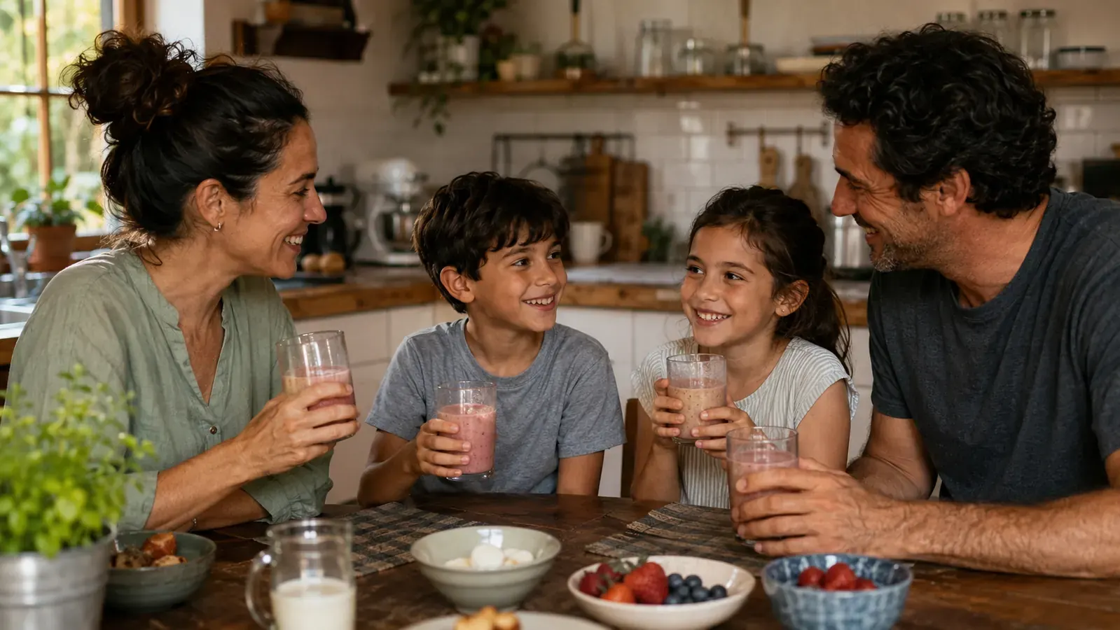 Two kids and two parents each holding a smoothie glass at a small kitchen table on a weekday morning