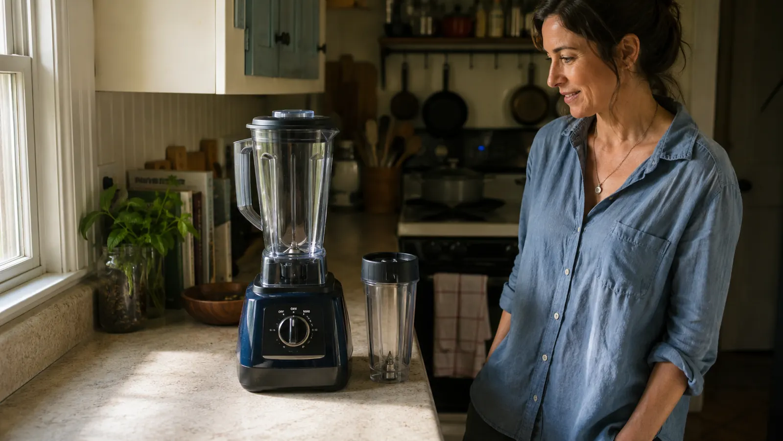 A full-size countertop blender sitting on a narrow stretch of counter next to a small personal blender cup in a galley kitchen