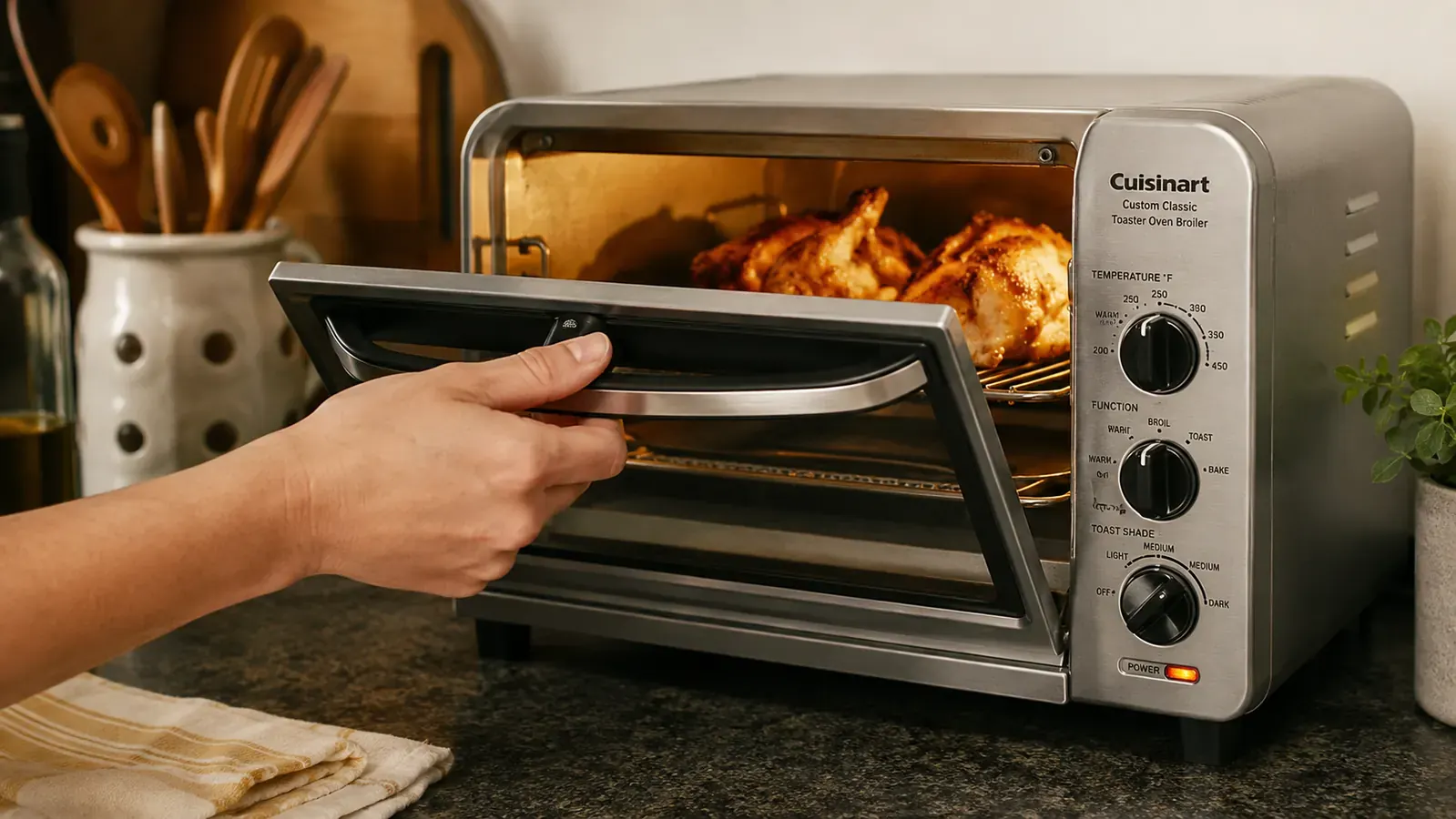 A hand pulling open the toaster oven door to check on broiled chicken