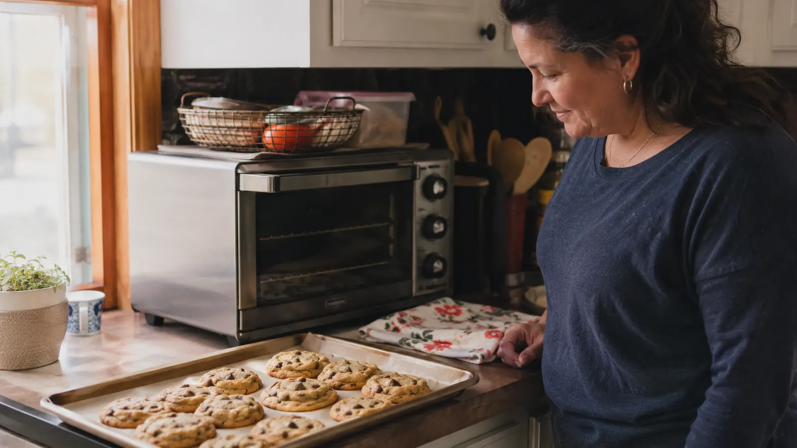 A tray of cookies just pulled from the toaster oven cooling on a small counter