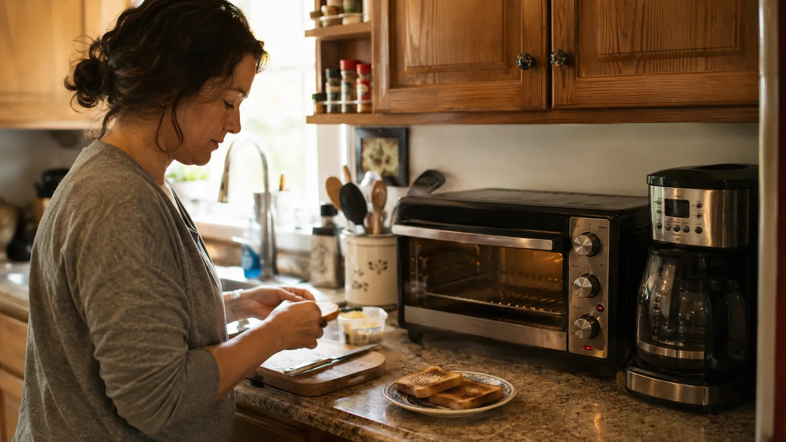 A toaster oven sitting on a narrow galley kitchen counter next to a coffee maker