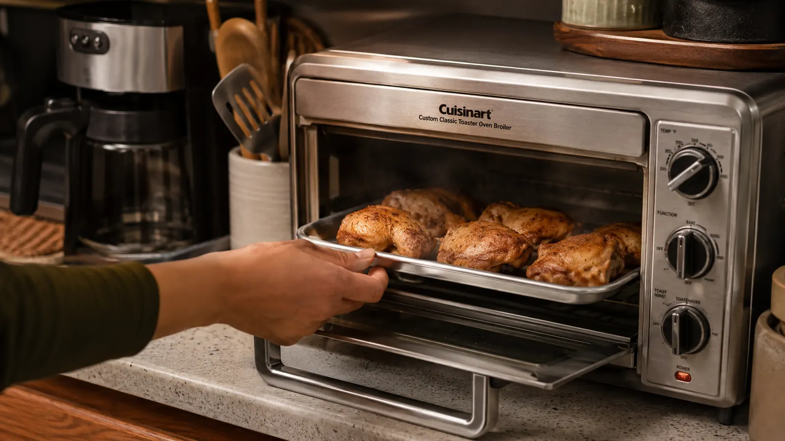A hand sliding a tray of chicken thighs into a countertop toaster oven on a narrow kitchen counter