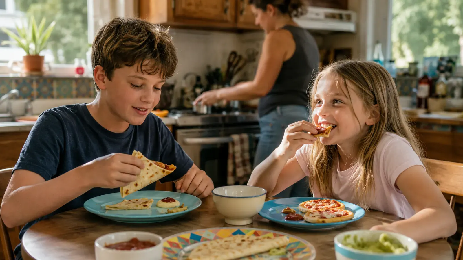 Two kids at a small kitchen table eating quesadillas and English muffin pizzas made in a toaster oven on a summer afternoon