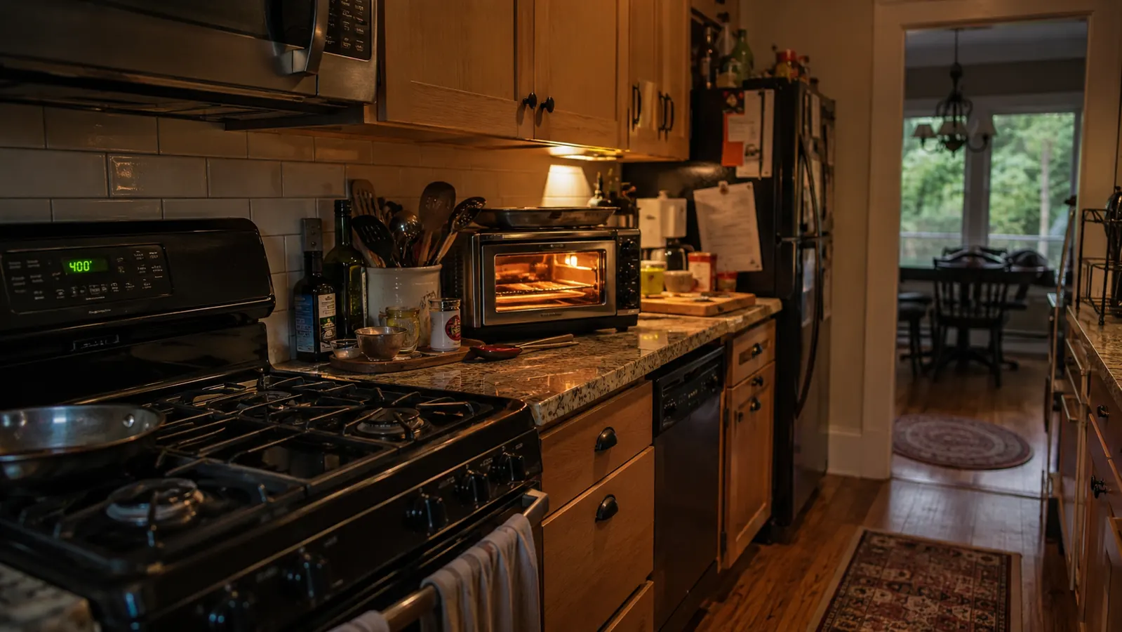 A dark, unused full-size oven range with its dial set to 400 in a small galley kitchen while a countertop toaster oven sits lit and running on the counter beside it