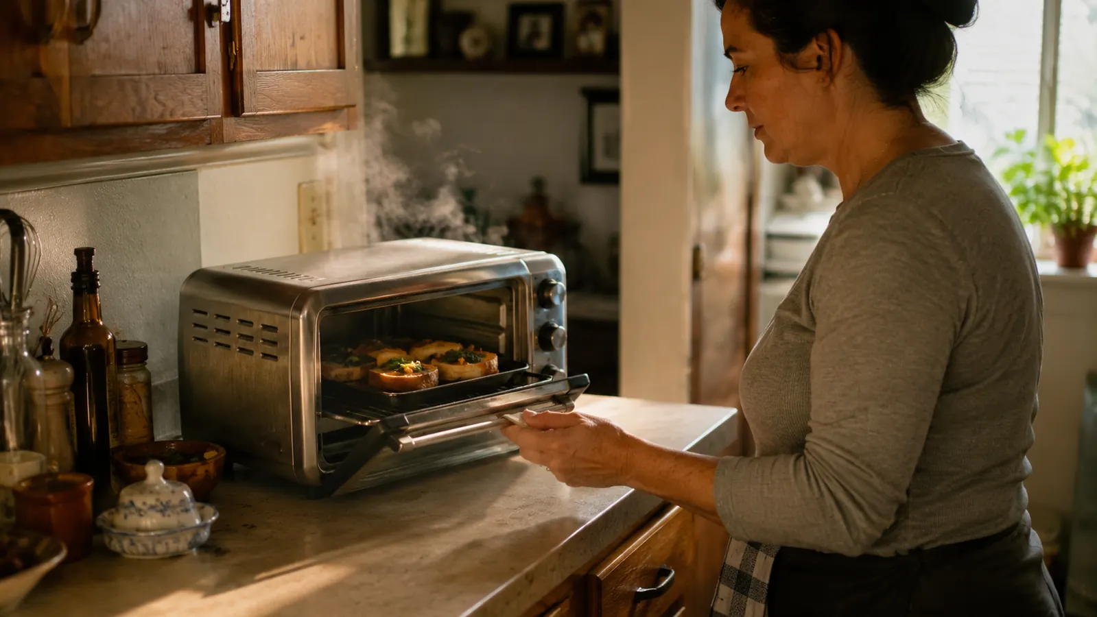 A toaster oven sitting on a narrow galley kitchen counter with steam rising from the vent