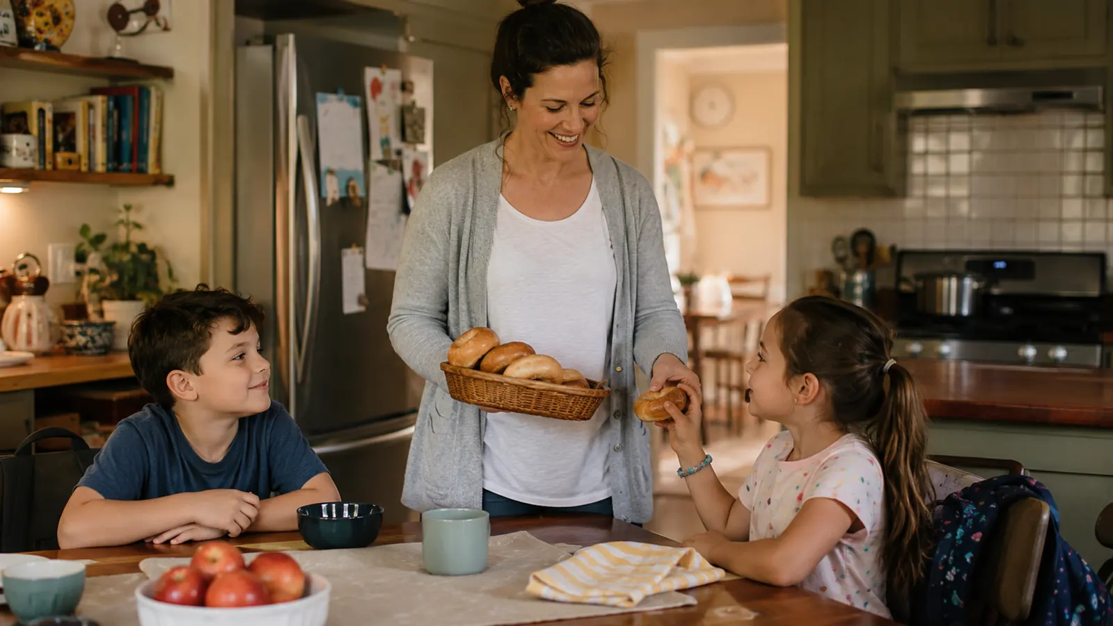 A mother handing a plate of toasted bagels to two kids at a small kitchen table on a school morning