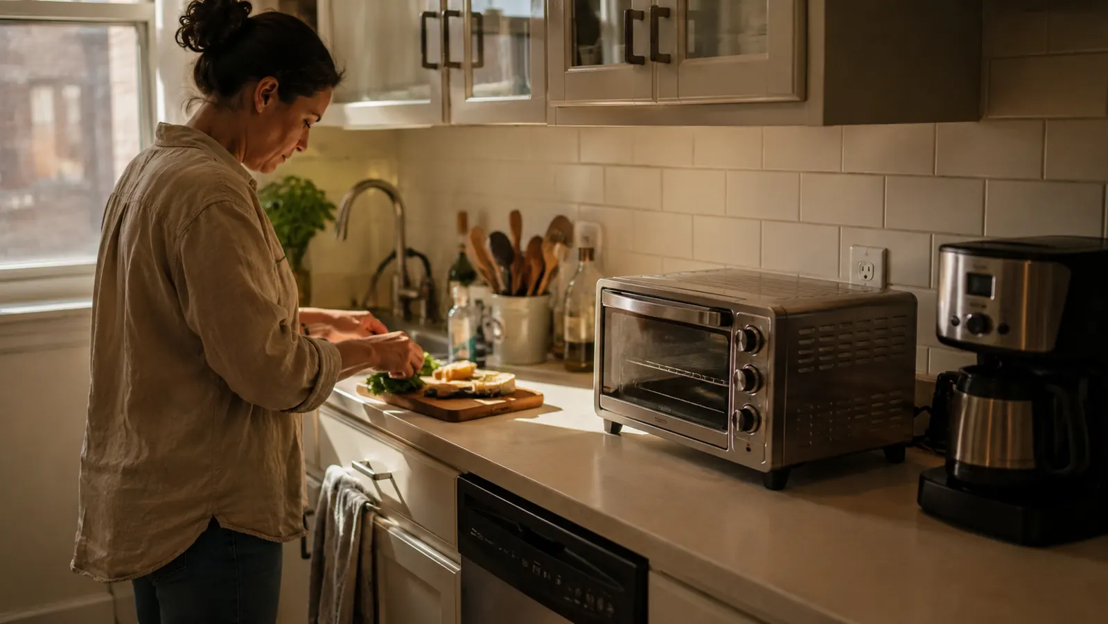 A small galley kitchen counter with a toaster oven sitting on the limited available counter space