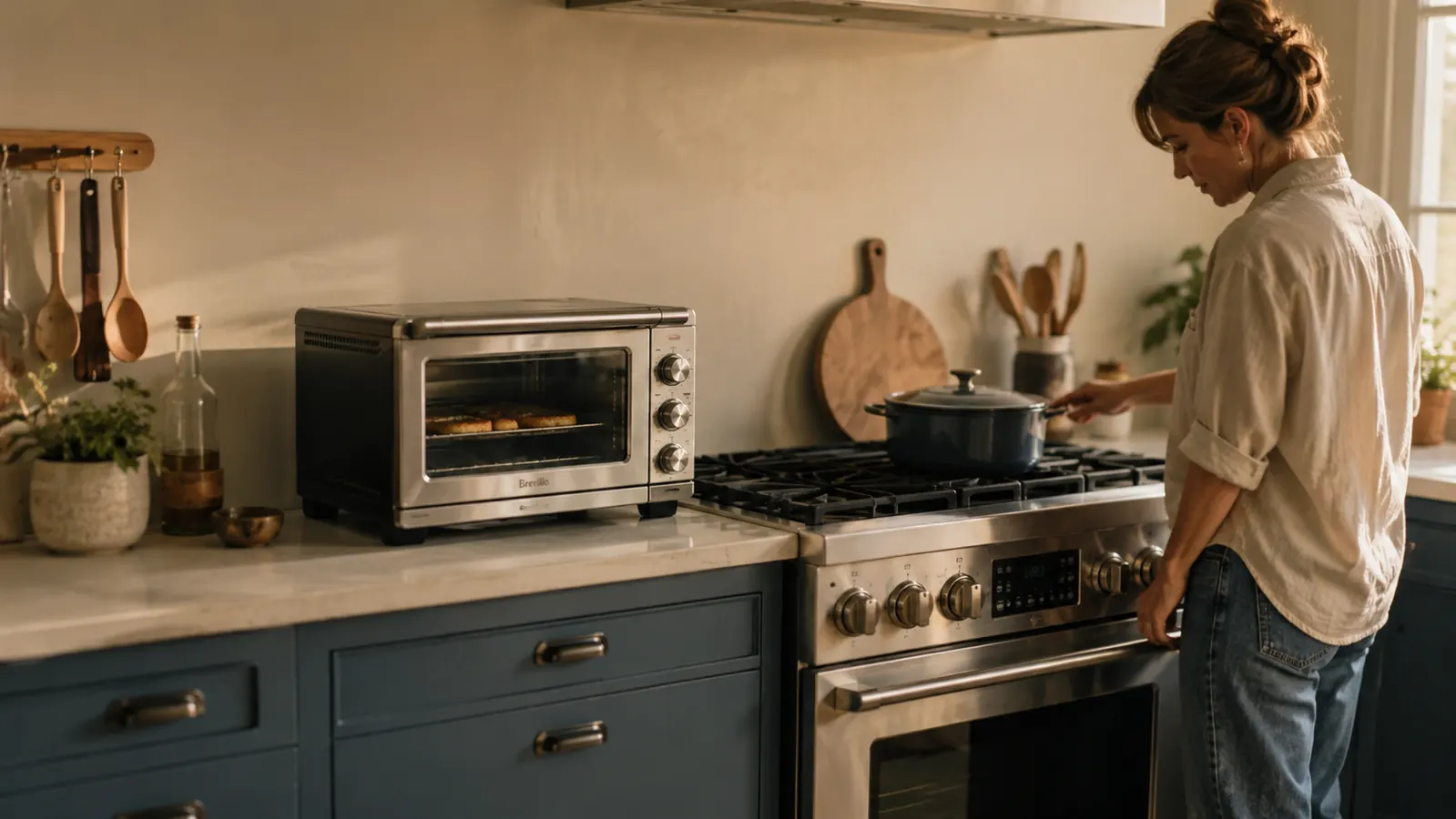 A countertop toaster oven sitting on a narrow galley kitchen counter next to a built-in full-size oven
