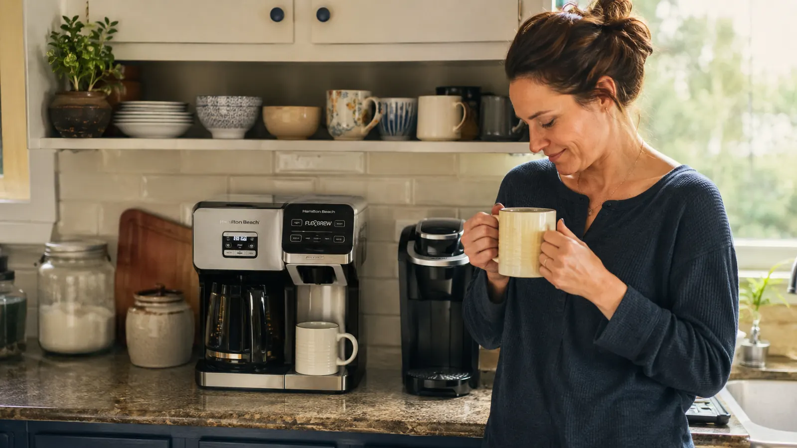 A 2-way coffee maker and a small single-serve pod machine sitting side by side on a narrow kitchen counter
