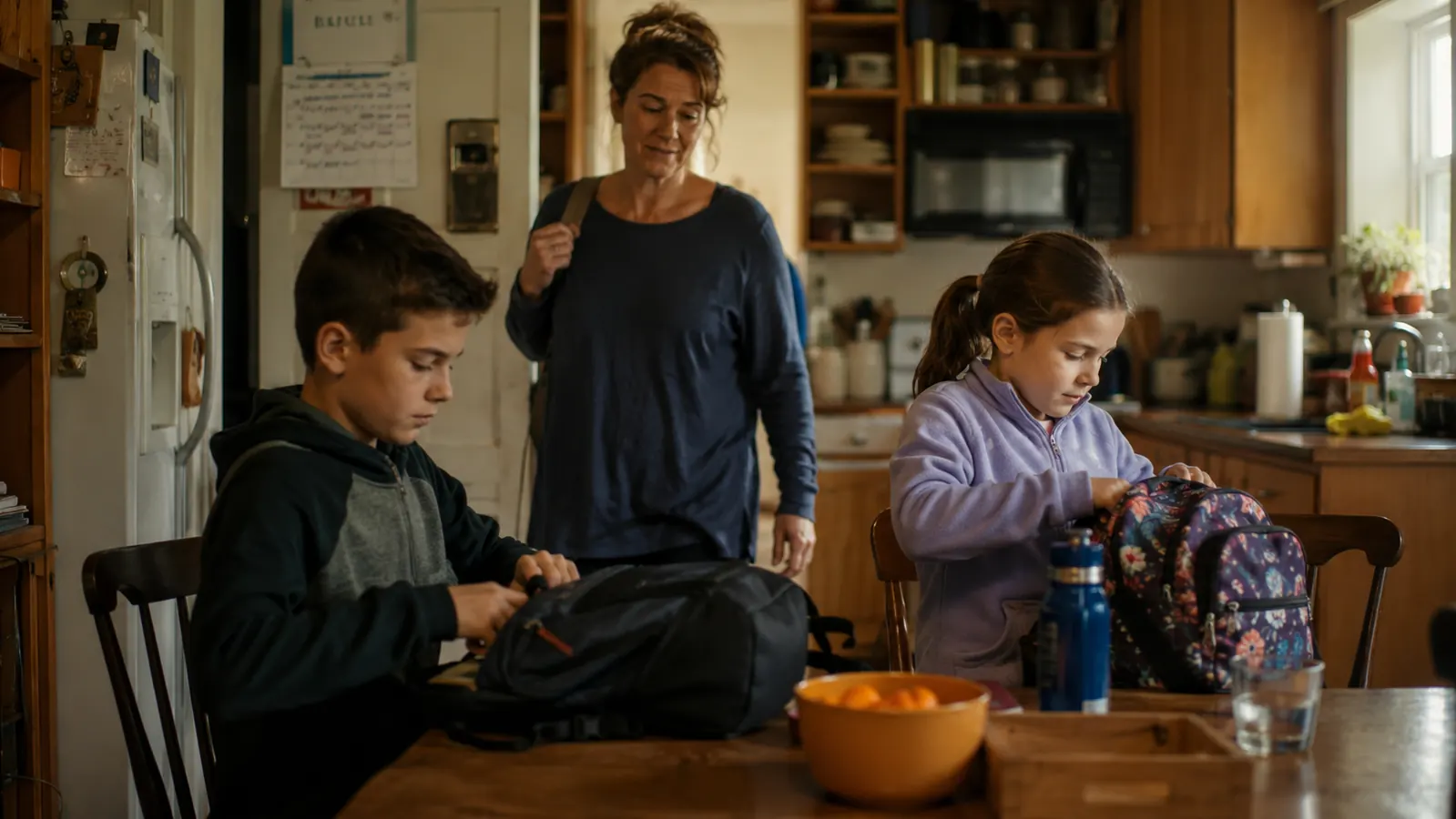 A mother walking back into a small kitchen from the bus stop while two kids get ready for school