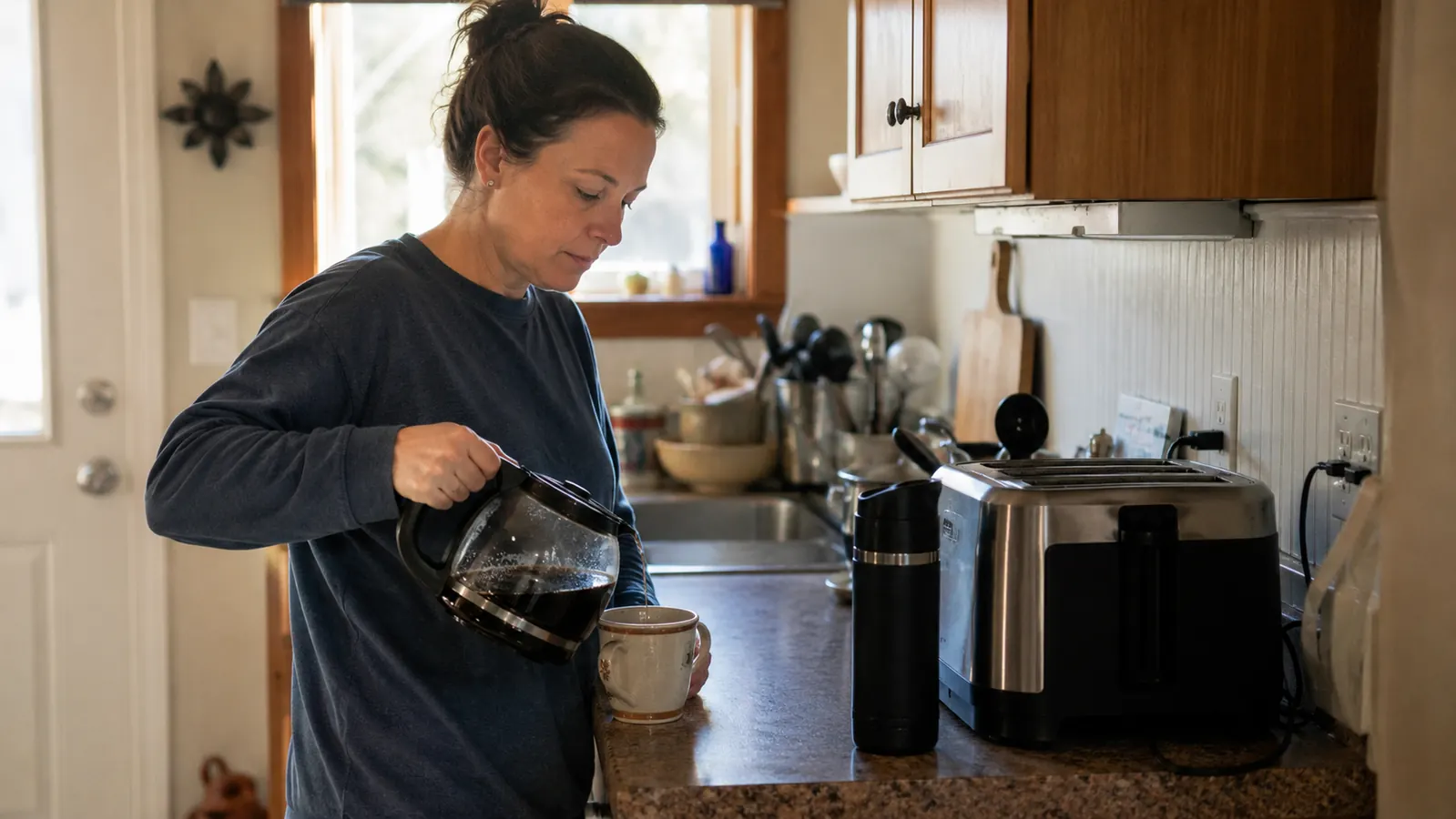 A mother pouring coffee from a carafe into a mug while a travel mug sits nearby on a crowded counter