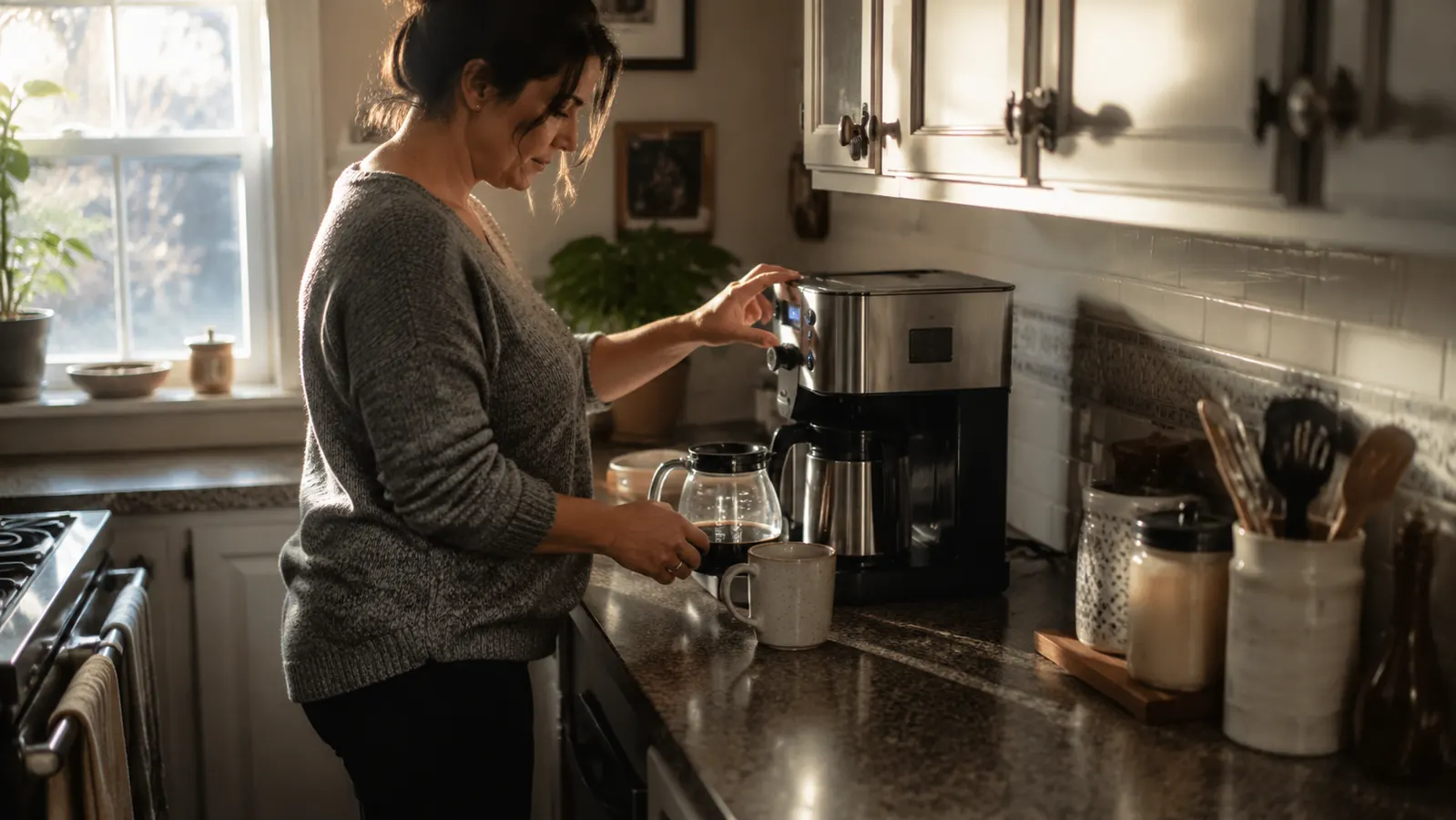 A coffee maker with two brewing sides sitting on a narrow galley kitchen counter early in the morning