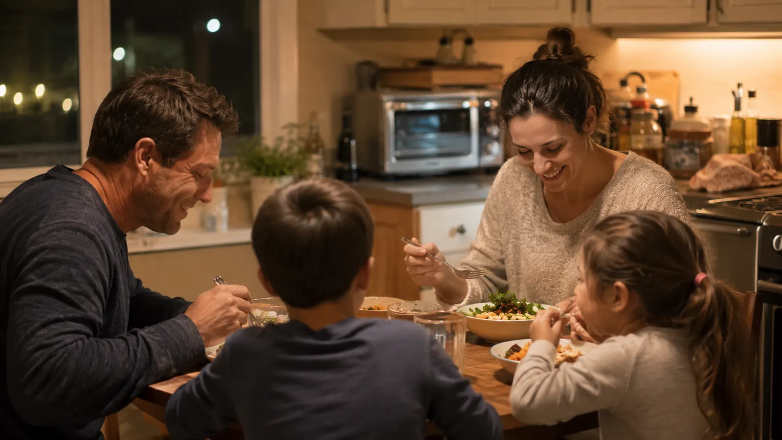 A family of four eating dinner at a small kitchen table with a toaster oven visible on the counter behind them