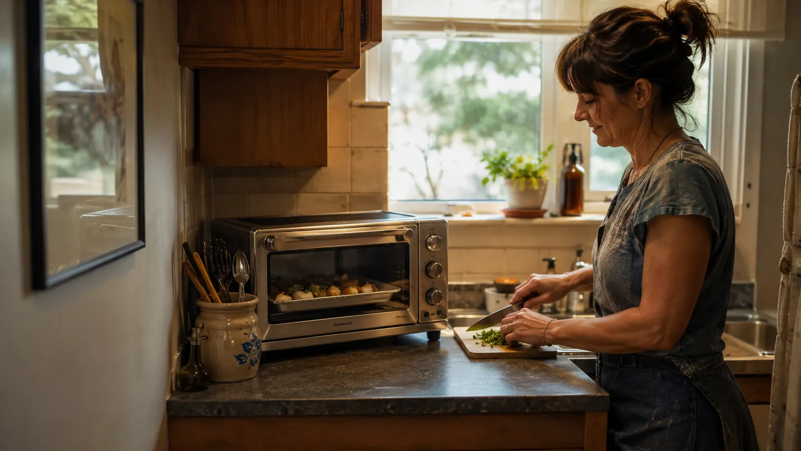 A countertop toaster oven baking vegetables on a narrow stretch of kitchen counter