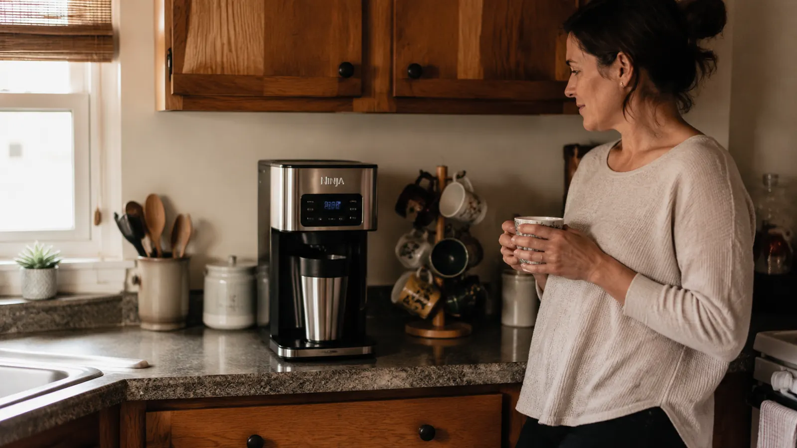 A coffee maker sitting on a narrow stretch of counter in a small galley kitchen brewing a single cup