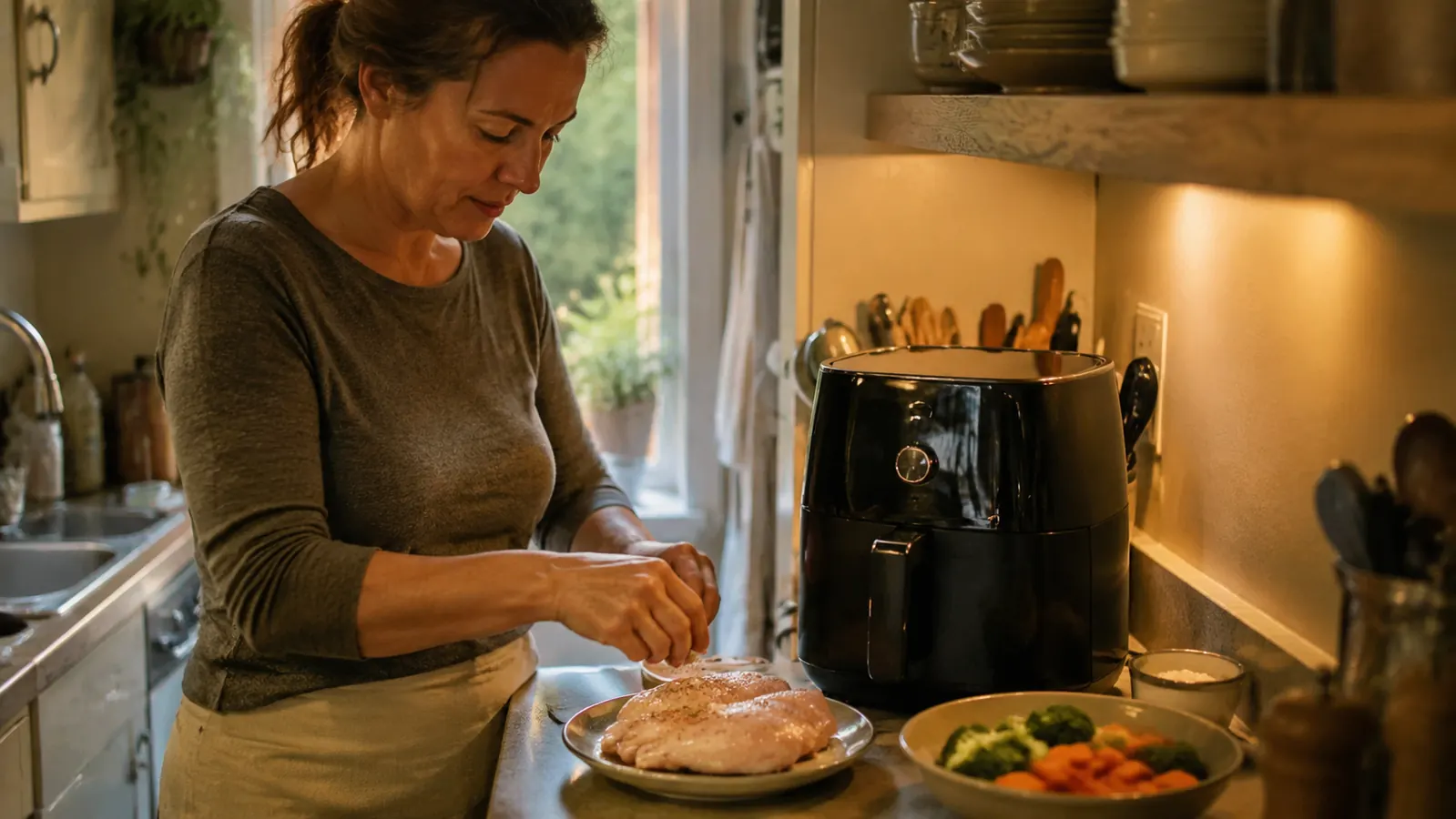 A galley kitchen counter with an air fryer and ingredients laid out for a fast weeknight dinner