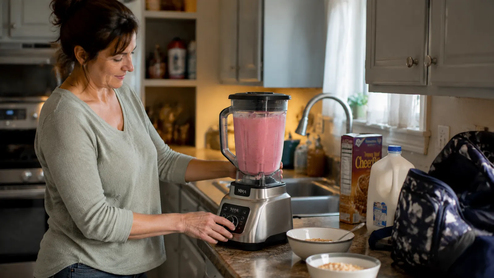A brushed nickel Oster Pro 1200 blender full of a family-sized smoothie batch on a small galley kitchen counter