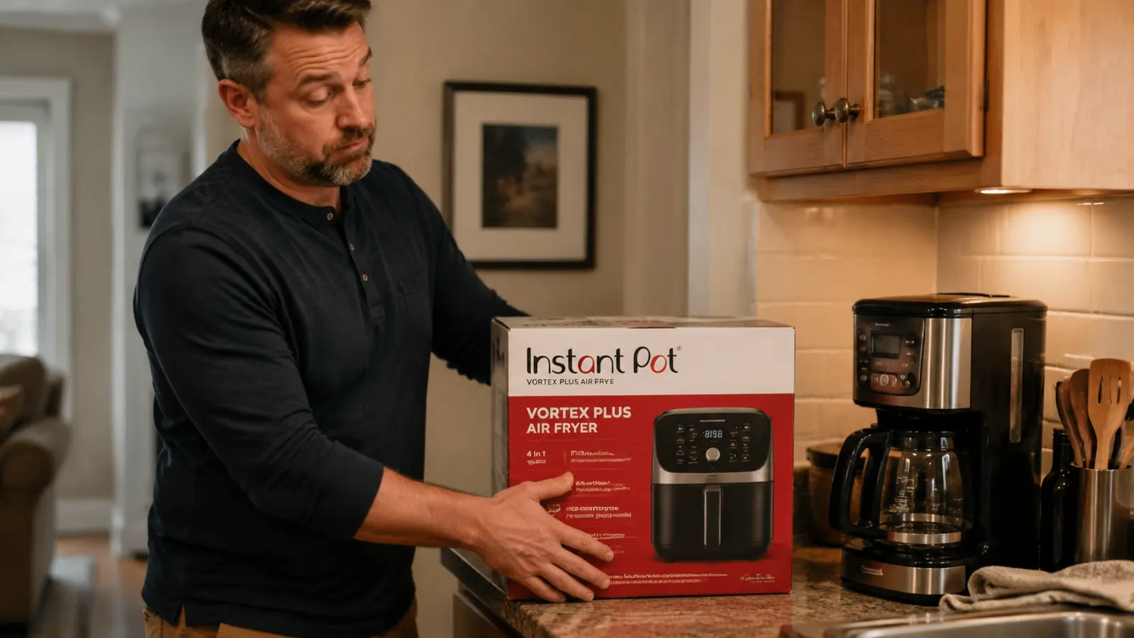 A husband setting a new air fryer box down on a crowded kitchen counter next to a coffee maker