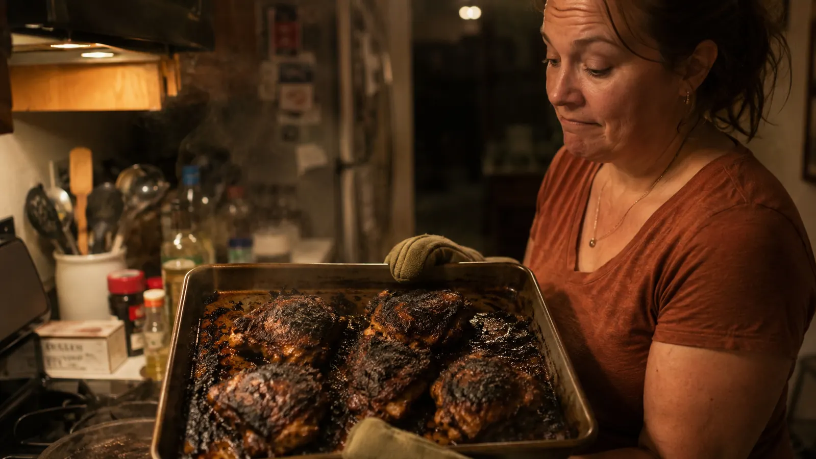 A smoky baking sheet of burnt chicken thighs pulled from an oven in a small galley kitchen