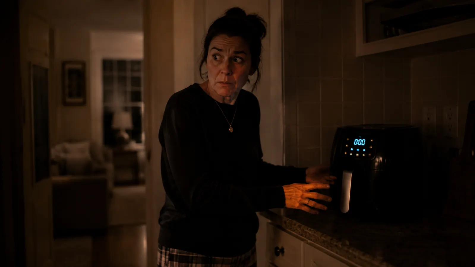 A dimly lit kitchen at night with the air fryer's display glowing while the rest of the house is dark and quiet