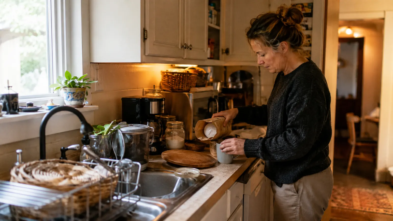 A cluttered small kitchen counter early in the morning with a basket and tray drying next to the sink