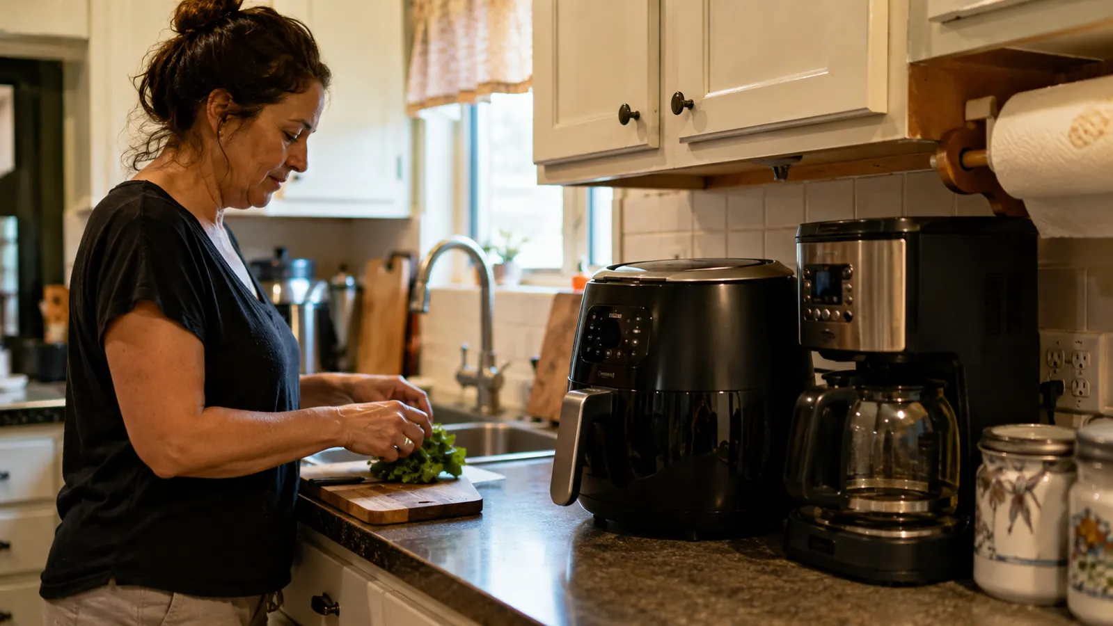 A small galley kitchen counter with an air fryer sitting on the limited available counter space
