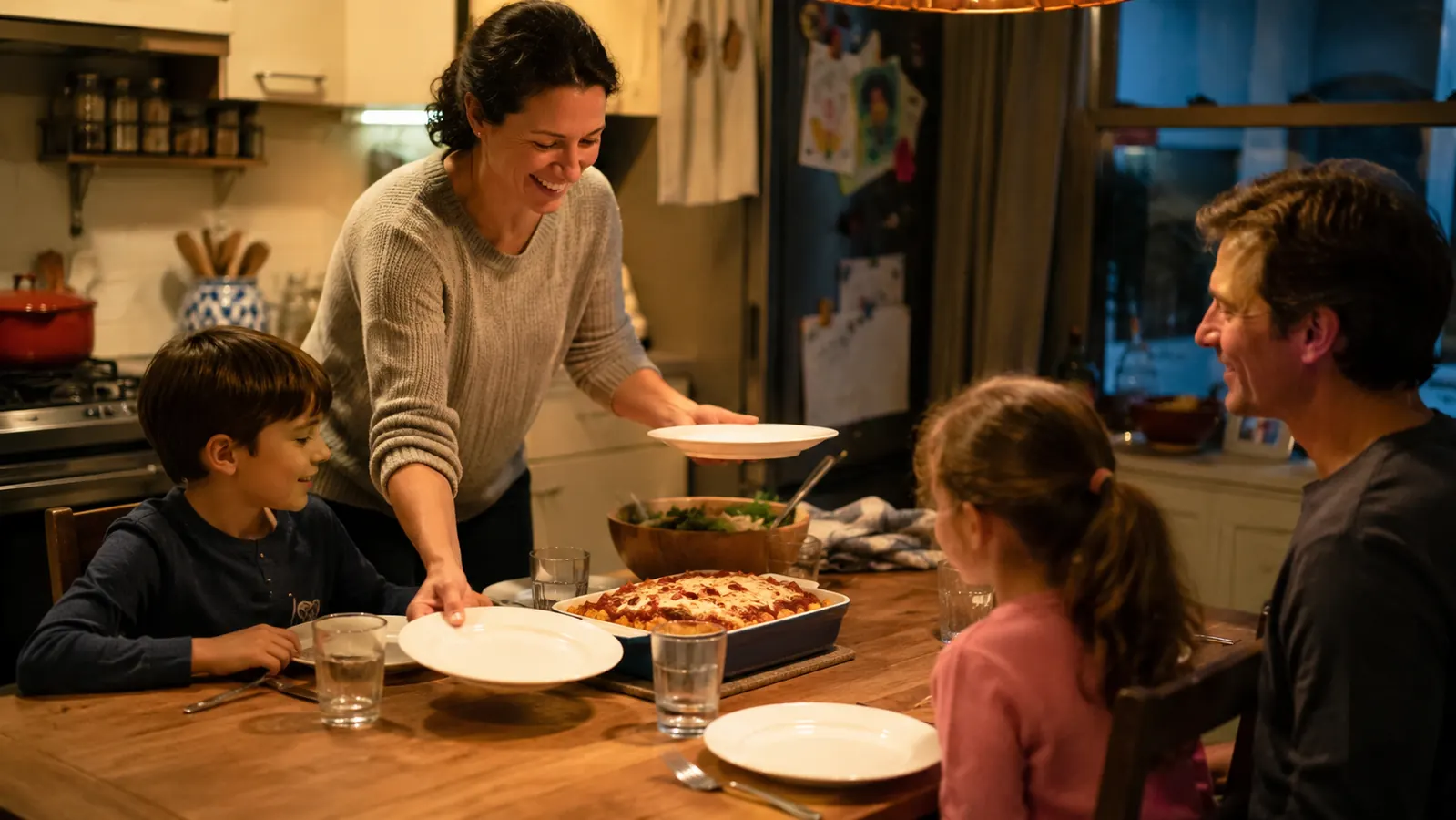 A family of four eating dinner together at a small kitchen table on a weeknight