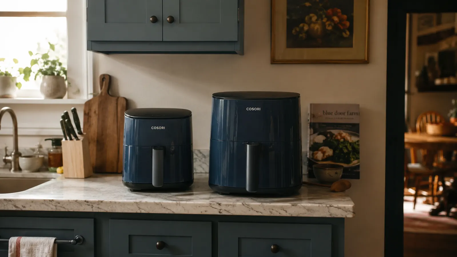 Two air fryers of different basket sizes sitting side by side on a small kitchen counter