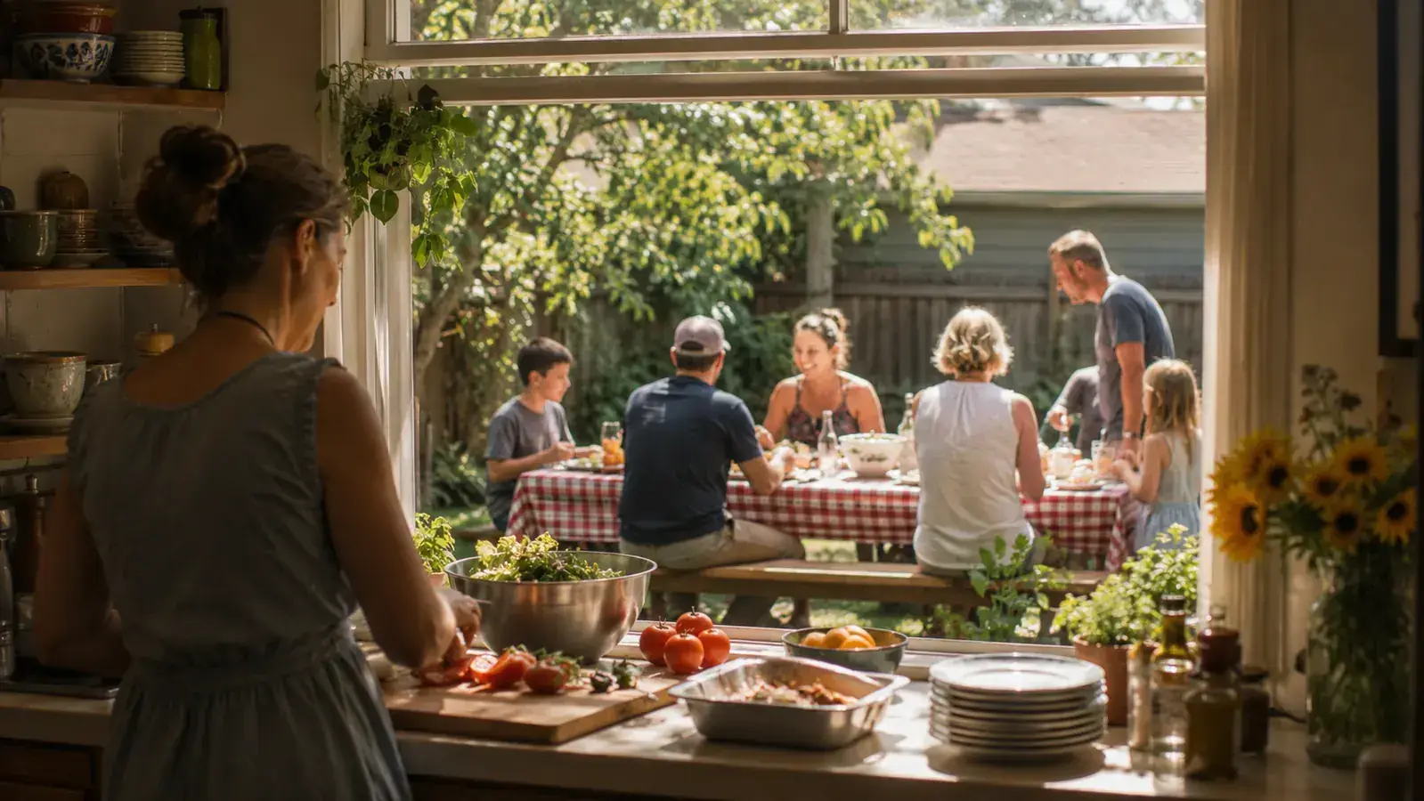 A backyard picnic table set for a big family gathering, seen from a small kitchen window with three feet of counter visible inside