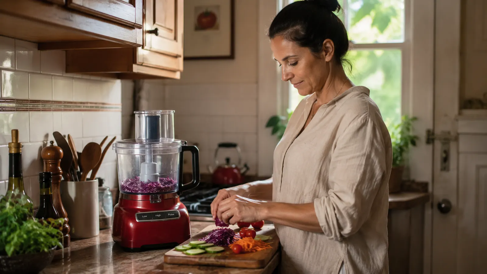 A red KitchenAid food processor sitting on a narrow galley kitchen counter in soft morning light