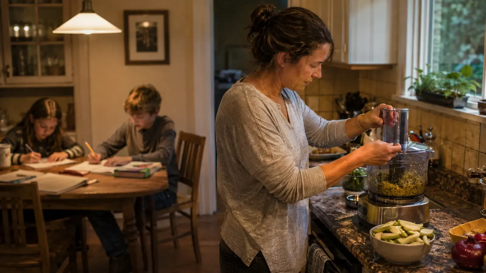 A mother slicing vegetables at a small kitchen counter while two kids do homework at a nearby table