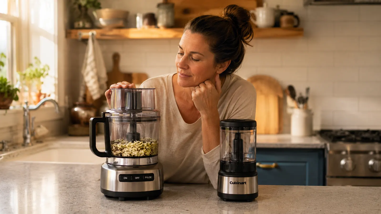 A full-size food processor and a small mini chopper sitting side by side on a narrow kitchen counter