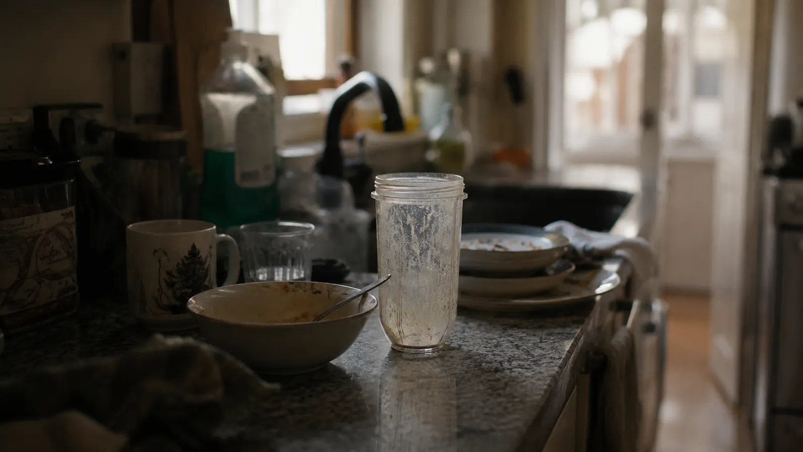 A cramped galley kitchen counter early in the morning with a single small blender cup and scattered breakfast dishes