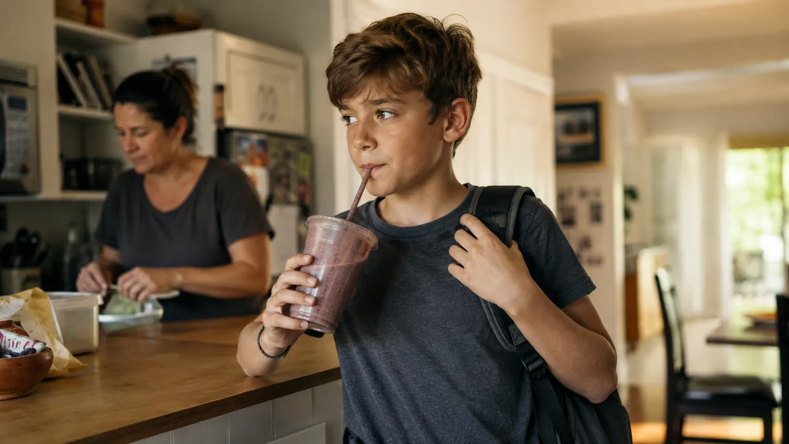 A boy drinking a smoothie from a to-go cup at the kitchen counter before school