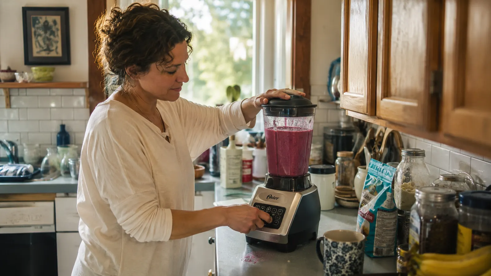 A galley kitchen counter with an Oster blender running and a light smoothie splatter around the base