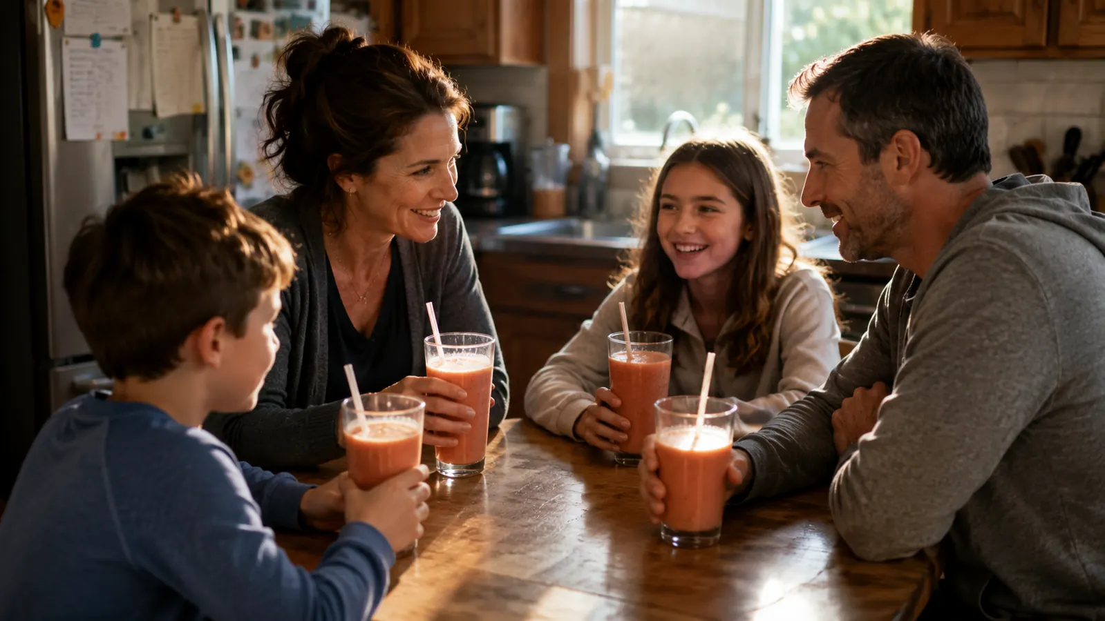 Two kids and their parents drinking smoothies together at a small kitchen table before school