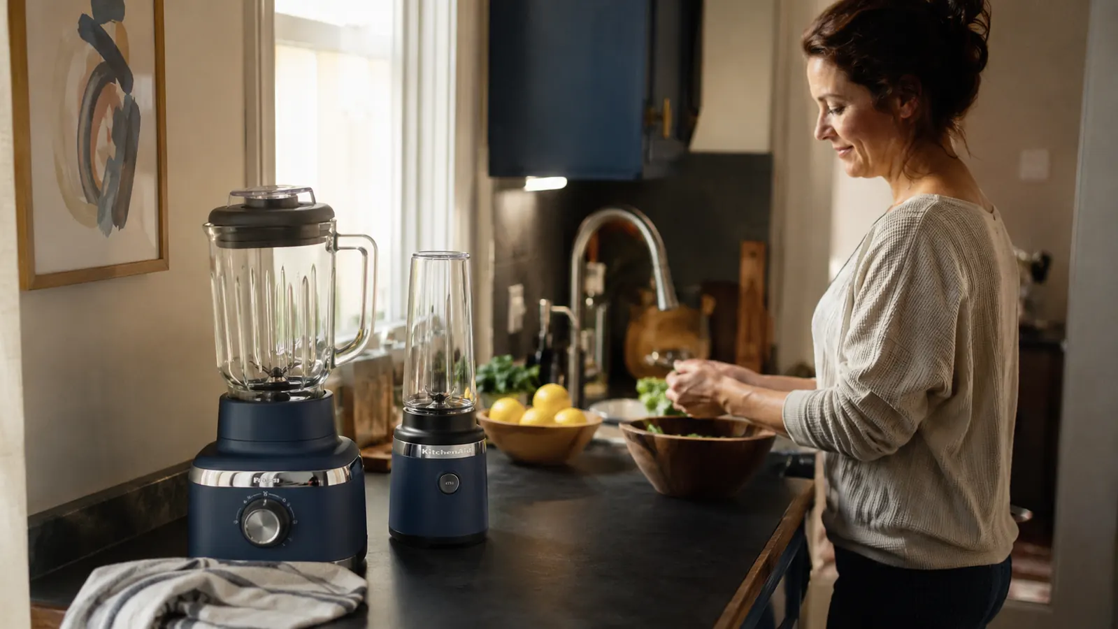 A full-size blender and a smaller personal blender sitting side by side on a narrow galley kitchen counter